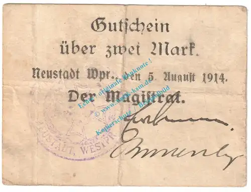 Neustadt , Notgeld 2 Mark Schein in gbr. Diessner 260.1.g , Westpreussen 1914 Notgeld 1914-15
