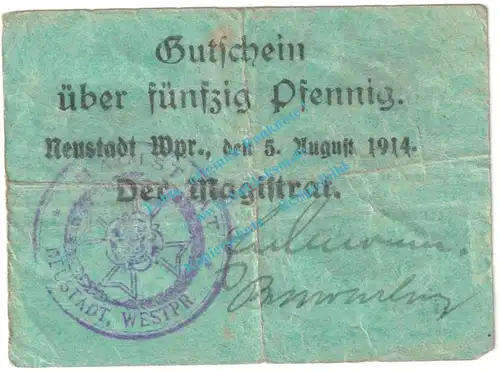 Neustadt , Notgeld 50 Pfennig Schein in gbr. Diessner 260.1.a , Westpreussen 1914 Notgeld 1914-15