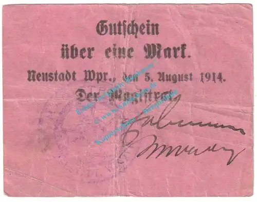 Neustadt , Notgeld 1 Mark Schein in gbr. Diessner 260.4.c , Westpreussen 1914 Notgeld 1914-15