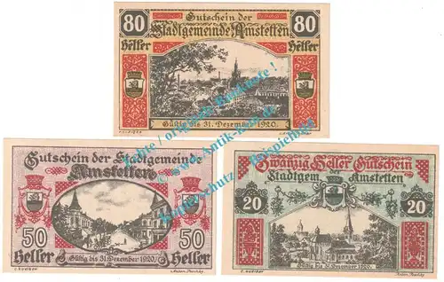 Amstetten , Notgeld Set mit 3 Scheinen in kfr. K-K 37.II , Niederösterreich o.D