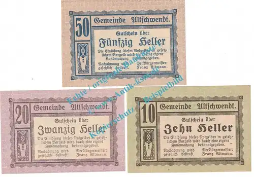 Altschwendt , Notgeld Set mit 3 Scheinen in kfr. K-K 35.I.a , Oberösterreich 1920