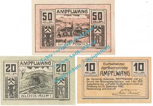 Ampflwang , Notgeld Set mit 3 Scheinen in kfr. K-K 36.a , Oberösterreich 1920