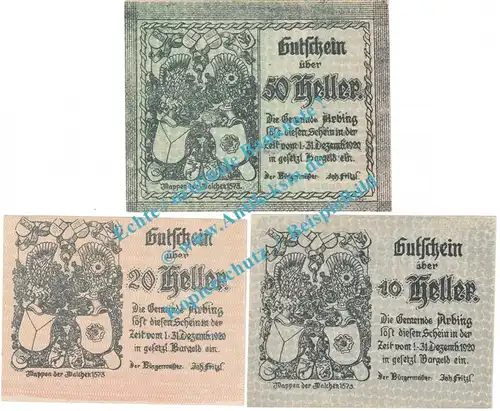 Arbing , Notgeld Set mit 3 Scheinen in kfr. K-K 49.c , Oberösterreich o.D