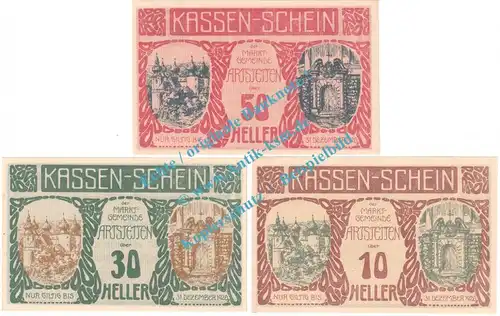 Arstetten , Notgeld Set mit 3 Scheinen in kfr. K-K 52.a , Niederösterreich o.D