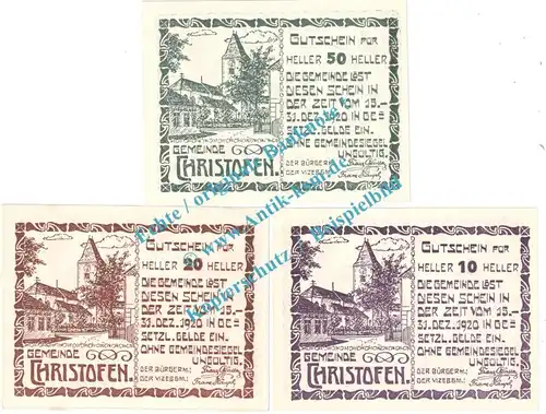 Christofen , Notgeld Set mit 3 Scheinen in kfr. K-K 117.a , Niederösterreich o.D