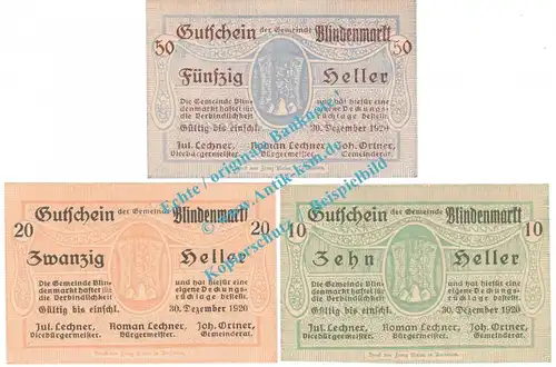 Blindenmarkt , Notgeld Set mit 3 Scheinen in kfr. K-K 93... Niederösterreich 1920