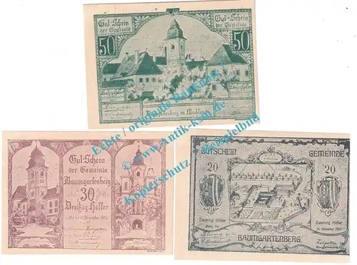 Baumgartenberg , Notgeld Set mit 3 Scheinen in kfr. K-K 79.b , Oberösterreich o.D