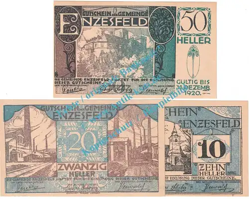 Enzesfeld , Notgeld Set mit 3 Scheinen in kfr. K-K 179.a , Niederösterreich 1920