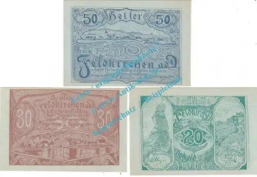 Feldkirchen a.d.D. Notgeld Set mit 3 Scheinen in kfr. K-K 197.a , Oberösterreich o.D