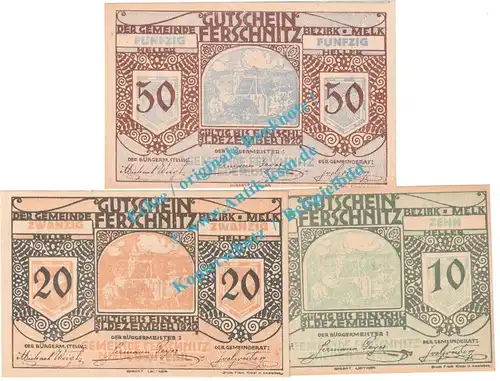 Ferschnitz , Notgeld Set mit 3 Scheinen in kfr. K-K 198... Niederösterreich 1920