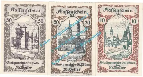St.Pölten , Notgeld Set mit 3 Scheinen in kfr. K-K 927.III , Niederösterreich 1920