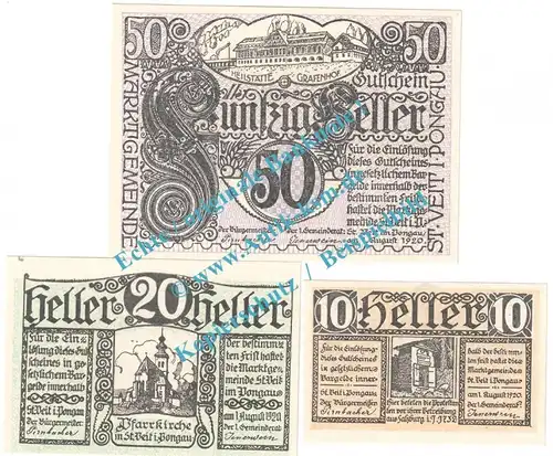 St.Veit i.P. Notgeld Set mit 3 Scheinen in kfr. K-K 945.a , Salzburg 1920
