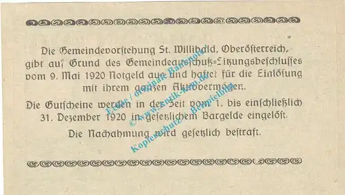 St.Willibald , Notgeld 20 Heller -Zierleiste- in kfr. K-K 946.j , Oberösterreich 1920