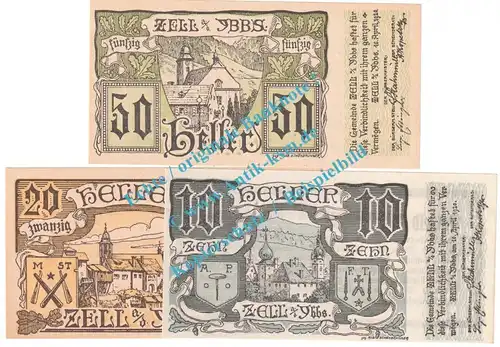 Zell a.d.Y. Notgeld Set mit 3 Scheinen in kfr. K-K 1272.a , Niederösterreich 1920