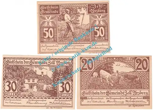 Zell Arzberg , Notgeld Set mit 3 Scheinen in kfr. K-K 1273.a-b , Niederösterreich o.D