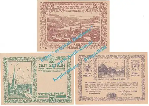 Zwettl i.M. Notgeld Set mit 3 Scheinen in kfr. K-K 1279... Oberösterreich 1920