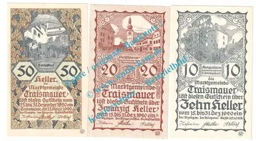 Traismauer , Notgeld Set mit 3 Scheinen in kfr. K-K 1078.II... Niederösterreich 1920