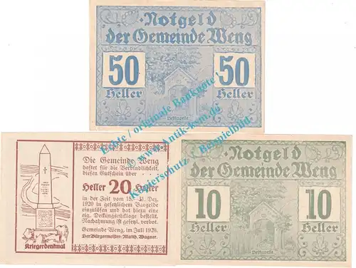 Weng , Notgeld Set mit 3 Scheinen in kfr. K-K 1171.I , Oberösterreich 1920