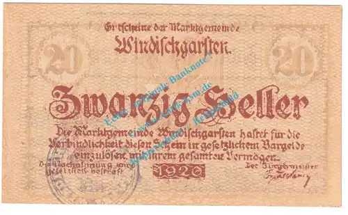 Windischgarsten , Notgeld 20 Heller -Stpl- in kfr. K-K 1245.II.b , Oberösterreich o.D
