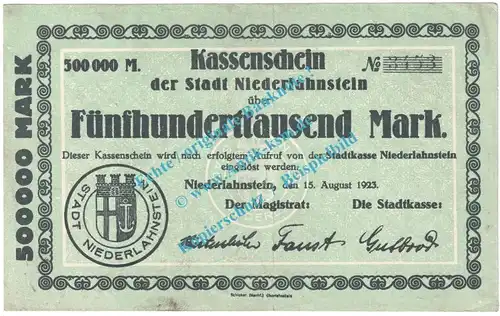Niederlahnstein , Notgeld 500.000 Mark Schein in gbr. Keller 3918.c , Hessen 1923 Grossnotgeld Inflation