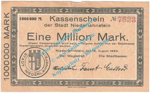 Niederlahnstein , Notgeld 1 Million Mark Schein in gbr. Keller 3918.c , Hessen 1923 Grossnotgeld Inflation