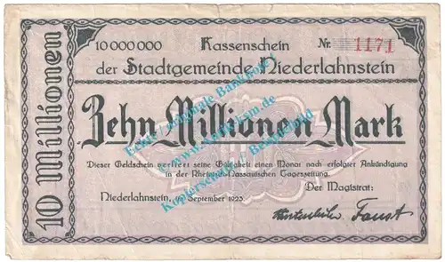 Niederlahnstein , Notgeld 10 Millionen Mark Schein in gbr. Keller 3918.d , Hessen 1923 Grossnotgeld Inflation
