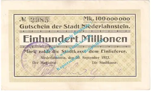 Niederlahnstein , Notgeld 100 Millionen Mark Schein in L-gbr. Keller 3918.e , Hessen 1923 Grossnotgeld Inflation