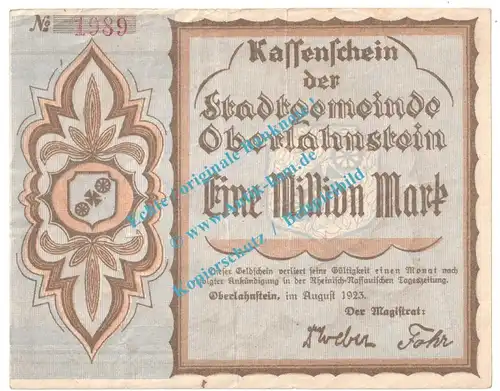 Oberlahnstein , Notgeld 1 Million Mark Schein in gbr. Keller 4029.c , Hessen 1923 Grossnotgeld Inflation