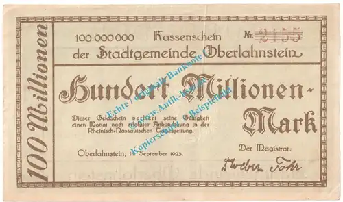 Oberlahnstein , Notgeld 100 Millionen Mark Schein in gbr. Keller 4029.d , Hessen 1923 Grossnotgeld Inflation