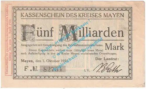 Mayen , Notgeld 5 Milliarden Mark Schein in gbr. Keller 3487.m , Rheinland 1923 Grossnotgeld Inflation