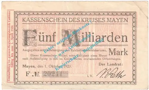Mayen , Notgeld 5 Milliarden Mark Schein in gbr. Keller 3487.L , Rheinland 1923 Grossnotgeld Inflation