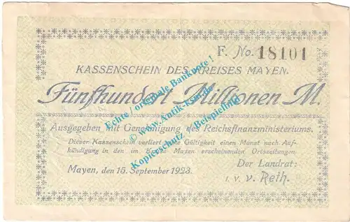 Mayen , Notgeld 500 Millionen Mark Schein in gbr. Keller 3487.i , Rheinland 1923 Grossnotgeld Inflation