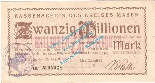Mayen , Notgeld 20 Millionen Mark -Stpl- in L-gbr. Keller 3487.g , Rheinland 1923 Grossnotgeld Inflation