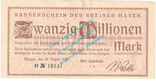 Mayen , Notgeld 20 Millionen Mark Schein in L-gbr. Keller 3487.g , Rheinland 1923 Grossnotgeld Inflation