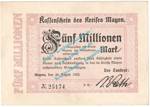 Mayen , Notgeld 5 Millionen Mark Schein in gbr. Keller 3487.f , Rheinland 1923 Grossnotgeld Inflation