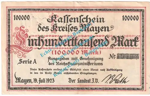 Mayen , Notgeld 100.000 Mark Schein in gbr. Keller 3487.a , Rheinland 1923 Grossnotgeld Inflation
