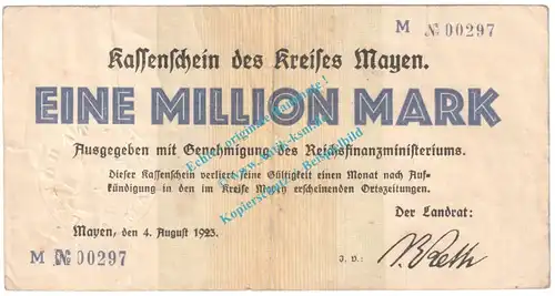 Mayen , Notgeld 1 Million Mark Schein in gbr. Keller 3487.c , Rheinland 1923 Grossnotgeld Inflation