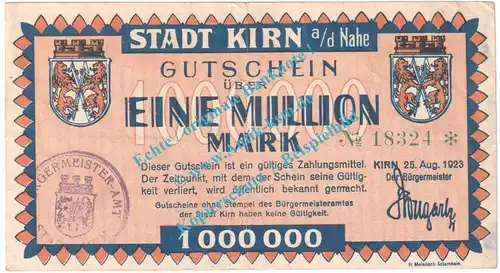 Kirn , Notgeld 1 Million Mark Schein in gbr. Keller 2658.c , Rheinland 1923 Grossnotgeld Inflation