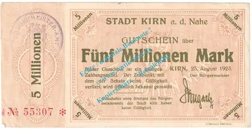 Kirn , Notgeld 5 Millionen Mark Schein in gbr. Keller 2658... Rheinland 1923 Grossnotgeld Inflation