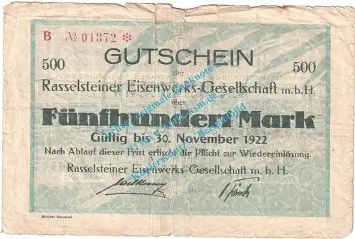 Neuwied - Rasselstein , Notgeld 500 Mark Schein in S-gbr. Müller 3310.1 , Rheinland 1922 Grossnotgeld