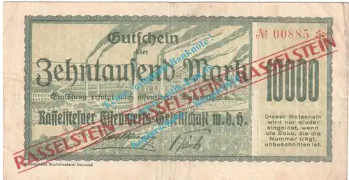 Neuwied - Rasselstein , Notgeld 10.000 Mark -Ü-Druck- in gbr. Müller 3310.6 , Rheinland 1922 Grossnotgeld