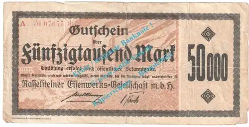 Neuwied - Rasselstein , Notgeld 50.000 Mark Schein in gbr. Keller 3907.a , Rheinland 1923 Grossnotgeld Inflation