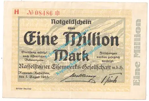 Neuwied - Rasselstein , Notgeld 1 Million Mark Schein in gbr. Keller 3907.f , Rheinland 1923 Grossnotgeld Inflation
