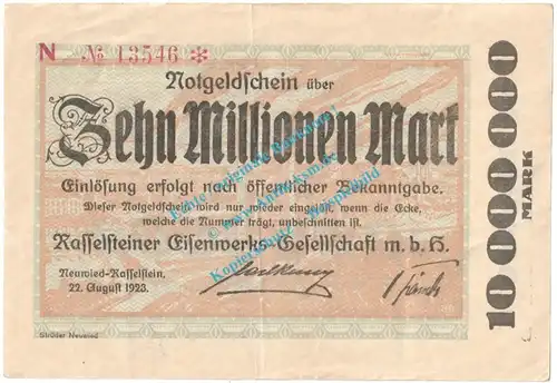 Neuwied - Rasselstein , Notgeld 10 Million Mark Schein in gbr. Keller 3907.K-L , Rheinland 1923 Grossnotgeld Inflation