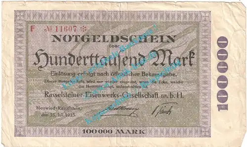 Neuwied - Rasselstein , Notgeld 100.000 Mark Schein in gbr. Keller 3907.c , Rheinland 1923 Grossnotgeld Inflation