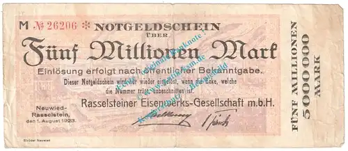 Neuwied - Rasselstein , Notgeld 5 Millionen Mark Schein in gbr. Keller 3907.h , Rheinland 1923 Grossnotgeld Inflation