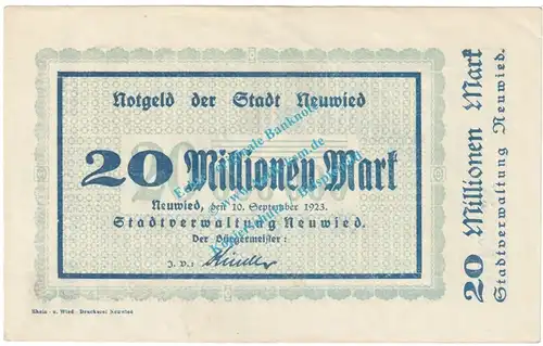 Neuwied , Notgeld 20 Millionen Mark Schein in kfr. Keller 3902.k , Rheinland 1923 Grossnotgeld Inflation