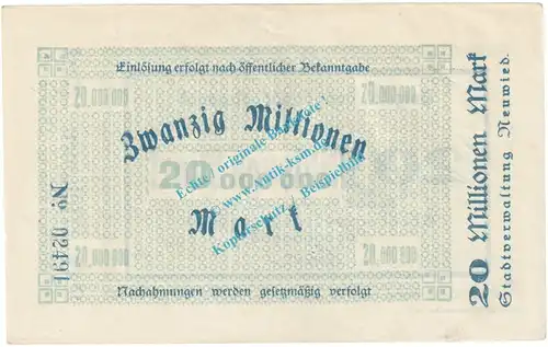 Neuwied , Notgeld 20 Millionen Mark Schein in kfr. Keller 3902.k , Rheinland 1923 Grossnotgeld Inflation