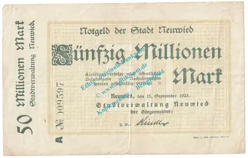 Neuwied , Notgeld 50 Millionen Mark Schein in gbr. Keller 3902.L , Rheinland 1923 Grossnotgeld Inflation