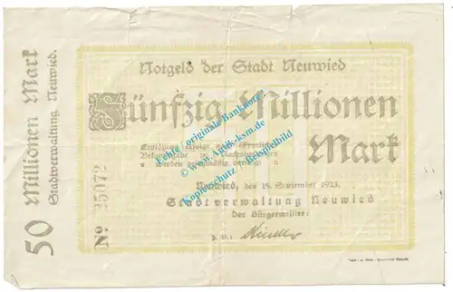 Neuwied , Notgeld 50 Millionen Mark Schein in S-gbr. Keller 3902.L , Rheinland 1923 Grossnotgeld Inflation